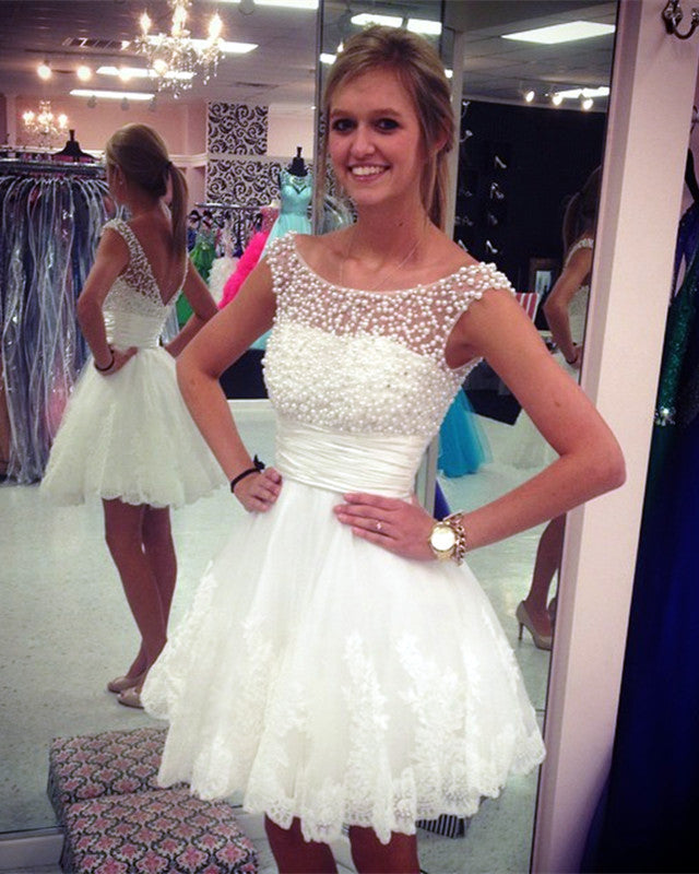 Cute A Line Cap Sleeves White Lace Homecoming Dresses Pearl Beaded Cute A Line Cap Sleeves White Lace Homecoming Dresses Pearl Beaded