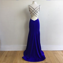 Load image into Gallery viewer, Royal Blue Satin V Neck Mermaid Evening Dresses With Cross Back