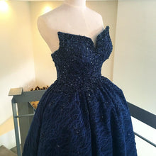 Load image into Gallery viewer, Beading Strapless Lace Prom Dresses Front Short Long Back Evening Gowns