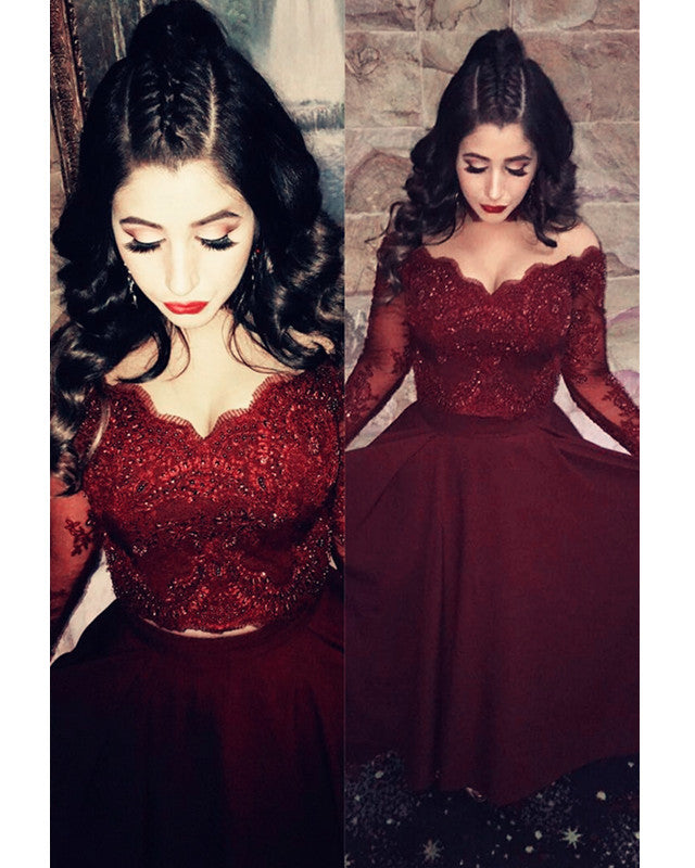 Elegant Long Sleeves Lace Crop Chiffon Prom Dresses Two Piece