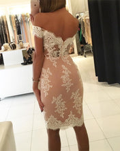 Load image into Gallery viewer, Elegant Lace Off The Shoulder Pink Satin Homecoming Dresses