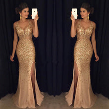 Load image into Gallery viewer, Sexy V Neck Leg Slit Champagne Mermaid Prom Dress Crystal Beaded