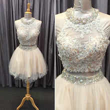 Load image into Gallery viewer, light champagne tulle lace beading homecoming dresses two piece style