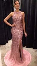 Load image into Gallery viewer, Champagne Crystal Beaded Mermaid Prom Dresses Halter Evening Gowns