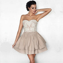 Load image into Gallery viewer, White Lace Appliques Nude Satin Ruffle Homecoming Dresses