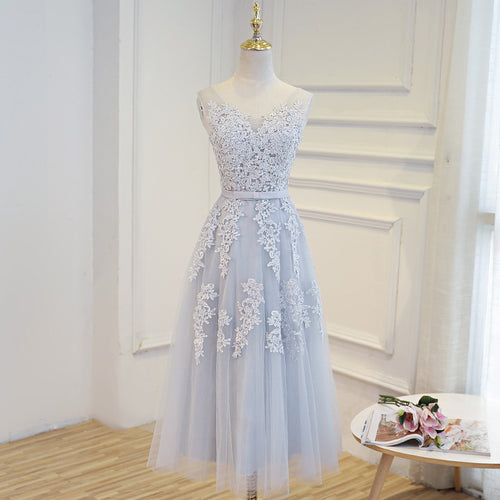 Elegant Lace Appliques Tea Length Bridesmaid Party Dresses-alinanova