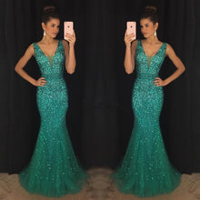 Load image into Gallery viewer, Deep V Neck Long Mermaid Evening Dresses Crystal Beaded