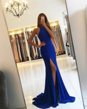 Load image into Gallery viewer, Long Jersey Halter Mermaid Prom Dresses Leg Split