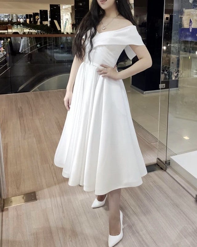 1950s Wedding Dress Tea Length Satin Off Shoulder 1950s Wedding Dress Tea Length Satin Off Shoulder