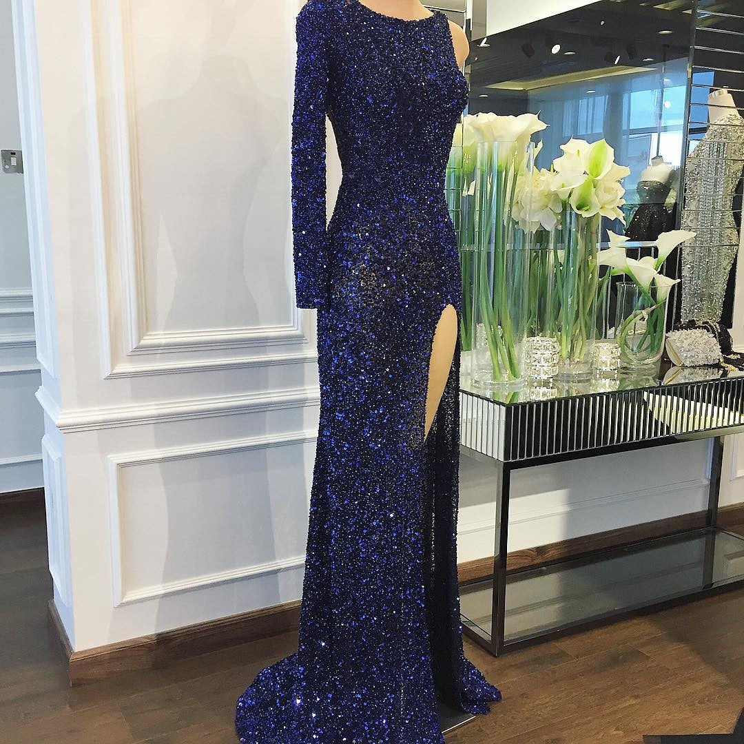 long green bridesmaid dresses Fully Crystal Beaded Mermaid Evening Dresses One Shoulder Prom Gowns –  alinanova
