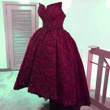 Load image into Gallery viewer, Beading Strapless Lace Prom Dresses Front Short Long Back Evening Gowns