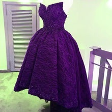 Load image into Gallery viewer, Beading Strapless Lace Prom Dresses Front Short Long Back Evening Gowns