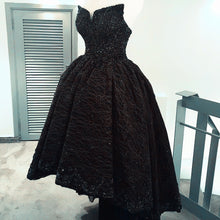 Load image into Gallery viewer, Beading Strapless Lace Prom Dresses Front Short Long Back Evening Gowns