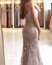 Load image into Gallery viewer, Gray Lace Mermaid Prom Dresses
