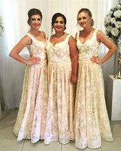 Load image into Gallery viewer, Champagne Lace Bridesmaid Dresses Long