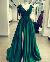 Load image into Gallery viewer, Lace Flowers Beaded Cap Sleeves V-neck Prom Dresses Split Evening Gowns