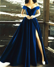 Load image into Gallery viewer, Charming V-neck Off The Shoulder Prom Dresses Long Satin Evening Gowns