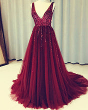 Load image into Gallery viewer, Burgundy-Evening-Dresses-Long-Tulle-Prom-Gowns