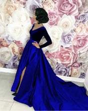 Load image into Gallery viewer, Long Sleeve Royal Blue Evening Gown With High Slit