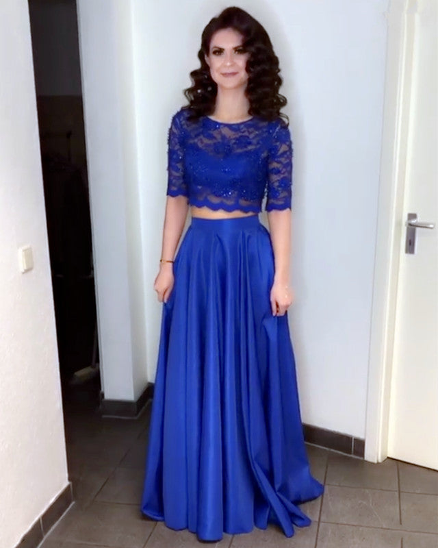Elegant Lace Crop Floor Length Satin Prom Dresses Two Piece