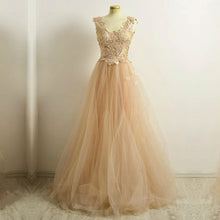 Load image into Gallery viewer, A Line Lace Cap Sleeves Long Champagne Tulle Evening Dresses-alinanova
