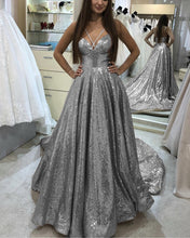 Load image into Gallery viewer, Silver Sequin Evening Gown

