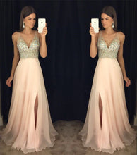 Load image into Gallery viewer, Deep V Neck Crystal Beaded Long Chiffon Prom Evening Dresses