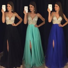 Load image into Gallery viewer, Deep V Neck Crystal Beaded Long Chiffon Prom Evening Dresses