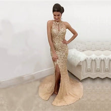 Load image into Gallery viewer, Champagne Crystal Beaded Mermaid Prom Dresses Halter Evening Gowns-alinanova