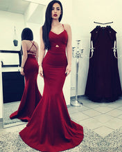 Load image into Gallery viewer, Burgundy Mermaid Prom Dresses Cross Back