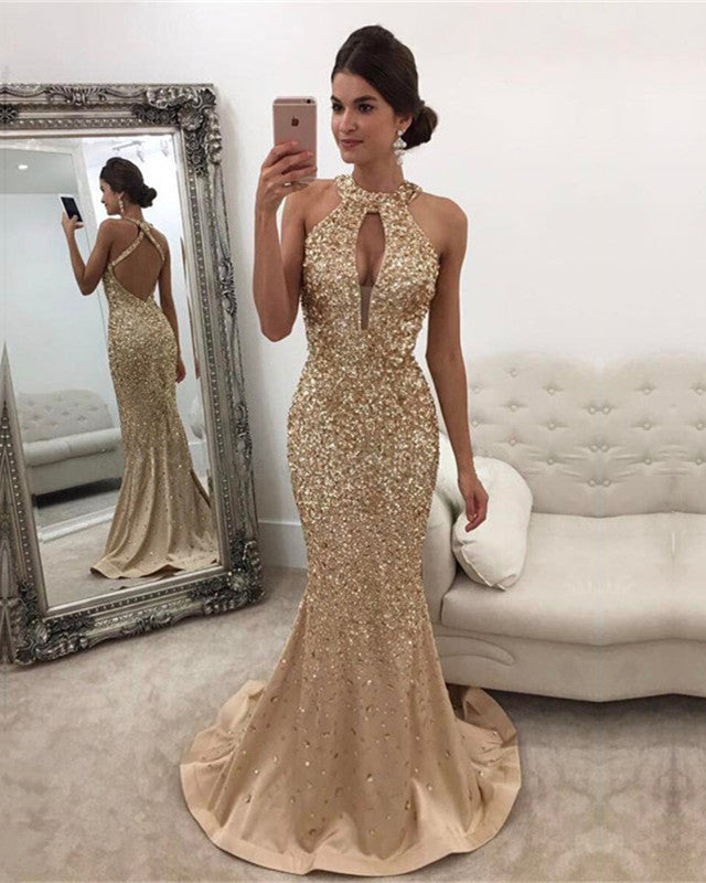 Long Satin Halter Mermaid Prom Dresses Crystal Beaded Long Satin Halter Mermaid Prom Dresses Crystal Beaded