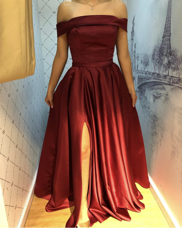 Off The Shoulder Satin Leg Slit Prom Dresses