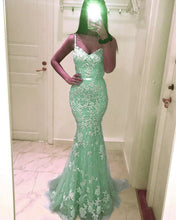 Load image into Gallery viewer, Mint Green Lace Mermaid Prom Dresses 2021