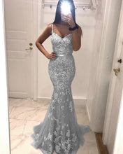Load image into Gallery viewer, Silver Lace Mermaid Prom Dresses