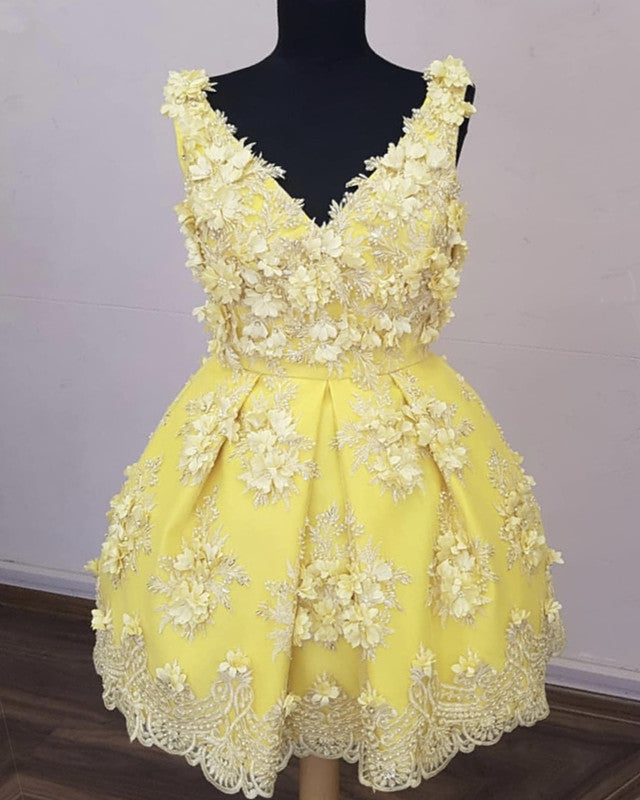 Elegant V Neck Homecoming Dresses With 3D Lace Flower Embroidery