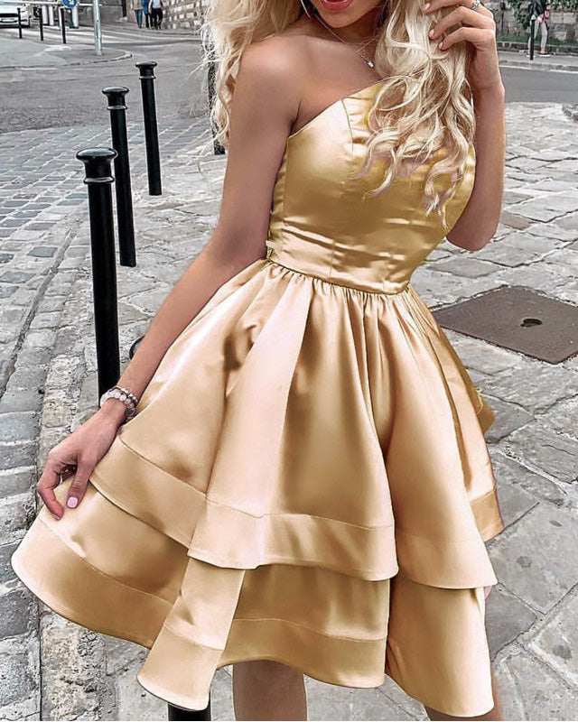 One Shoulder Homecoming Dresses Satin Ruffle Hem One Shoulder Homecoming Dresses Satin Ruffle Hem