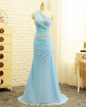 Load image into Gallery viewer, Light Blue One Shoulder Prom Dresses 2020