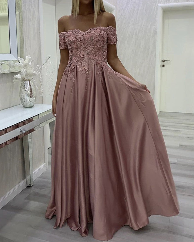 Lace Embroidery Evening Dress Long Satin Off Shoulder