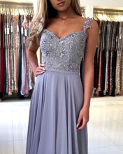Load image into Gallery viewer, Steel Blue Bridesmaid Dresses Long Chiffon Lace Beaded Spaghetti Straps