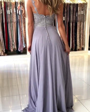 Load image into Gallery viewer, Long Chiffon Steel Blue Prom Dresses Spaghetti Straps