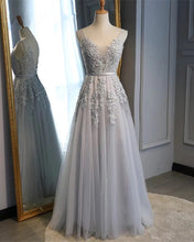 Load image into Gallery viewer, Tulle V Neck Bridesmaid Dresses Lace Appliques
