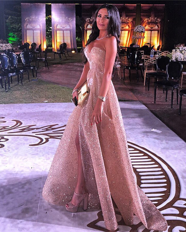 Sparkle Sequin Sweetheart High Slit Dresses