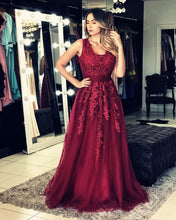 Load image into Gallery viewer, Burgundy Tulle V Neck Prom Dresses 2020