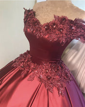 Load image into Gallery viewer, 3D Flowers Off Shoulder Ball Gown Satin Dresses