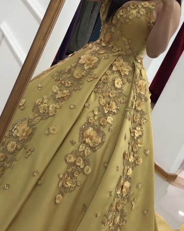 3D Lace Flowers Embroidery Satin Ball Gowns Wedding Dresses Gold 3D Lace Flowers Embroidery Satin Ball Gowns Wedding Dresses Gold