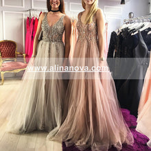 Load image into Gallery viewer, Long-Tulle-Champagne-Evening-Dresses-Beaded-Sequin-Prom-Gowns
