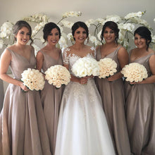 Load image into Gallery viewer, Deep V-neck Long Satin See Through Back Bridesmaid Dresses