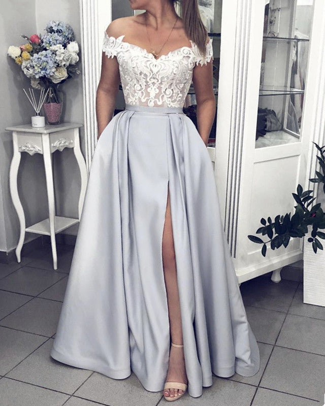 ivory prom dresses Ivory Lace Embroidery Off The Shoulder Prom Dresses Satin