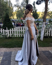 Load image into Gallery viewer, Ivory Lace Embroidery Off The Shoulder Prom Dresses Satin