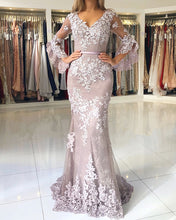 Load image into Gallery viewer, Elegant Puffy Sleeves Lace V-neck Mermaid Prom Evening Dresses